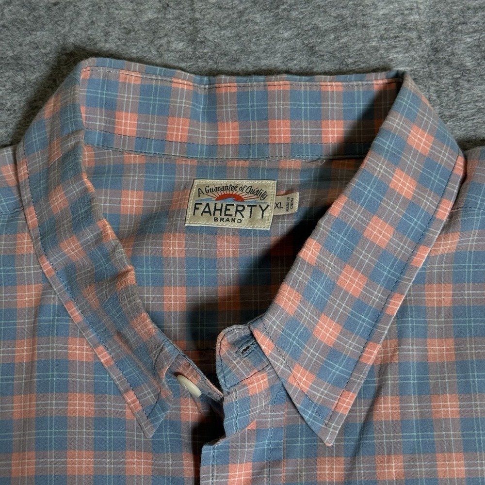 Faherty Button Down Shirt Mens XL Plaid Short Sleeve 100% Cotton Blue Orange - Picture 3 of 11